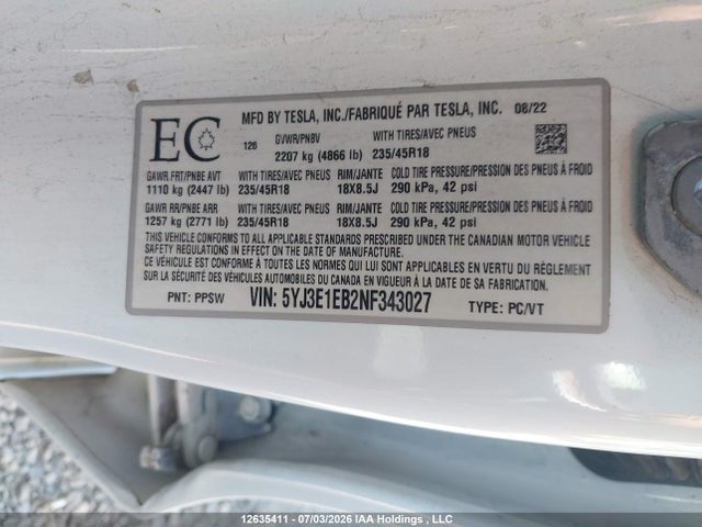 Tesla Model 3 Long Range 2022 5YJ3E1EB2NF343027 Image 9