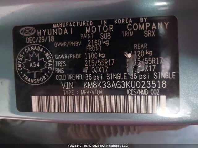 12635412 :رقم المزاد ، KM8K33AG3KU023518 vin ، 2019 Hyundai Kona Limited مزاد بيع