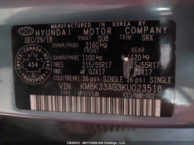 12635412 :رقم المزاد ، KM8K33AG3KU023518 vin ، 2019 Hyundai Kona Limited مزاد بيع