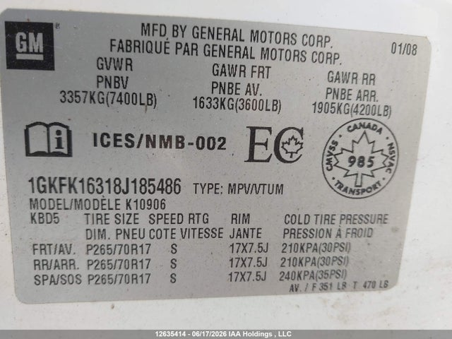 12635414 :رقم المزاد ، 1GKFK16318J185486 vin ، 2008 Gmc Yukon Xl 1500 Sle/slt مزاد بيع