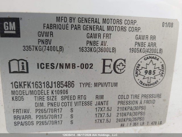 12635414 :رقم المزاد ، 1GKFK16318J185486 vin ، 2008 Gmc Yukon Xl 1500 Sle/slt مزاد بيع