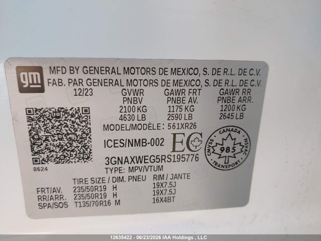 Aukcja sprzedaży 2024 Chevrolet Equinox, vin: 3GNAXWEG5RS195776, numer aukcji: 12635422