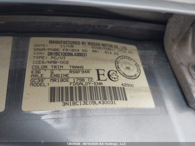 Aukcja sprzedaży 2009 Nissan Versa S/sl, vin: 3N1BC13E09L430031, numer aukcji: 12635436
