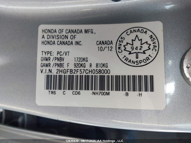 Продаж на аукціоні авто 2012 Honda Civic Ex, vin: 2HGFB2F57CH058000, номер лоту: 12635439