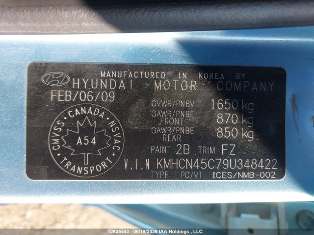 2009 Hyundai Accent 25th Anniversary/gl/gls/l მანქანა იყიდება აუქციონზე, vin: KMHCN45C79U348422, აუქციონის ნომერი: 12635443