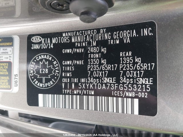 2015 Kia Sorento Lx V6 მანქანა იყიდება აუქციონზე, vin: 5XYKTDA73FG553215, აუქციონის ნომერი: 12635452