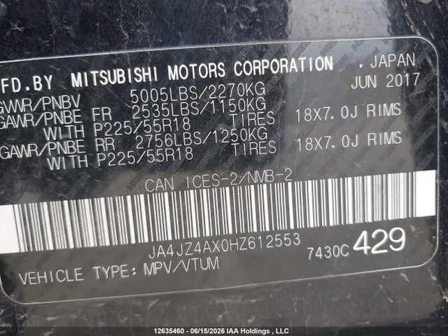 Продажа на аукционе авто 2017 Mitsubishi Outlander Gt, vin: JA4JZ4AX0HZ612553, номер лота: 12635460