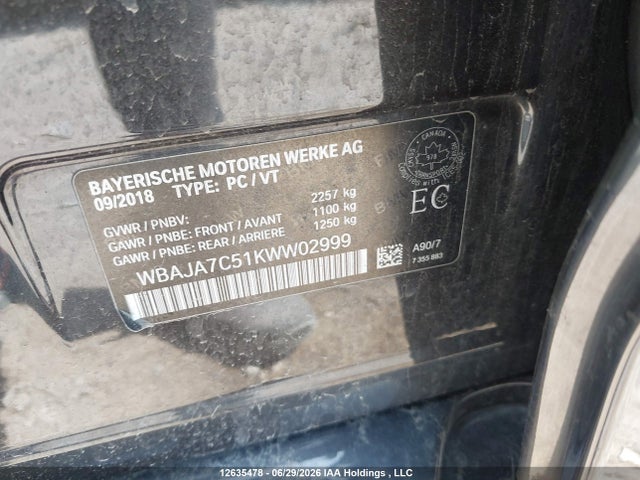 2019 Bmw 530i Xdrive მანქანა იყიდება აუქციონზე, vin: WBAJA7C51KWW02999, აუქციონის ნომერი: 12635478