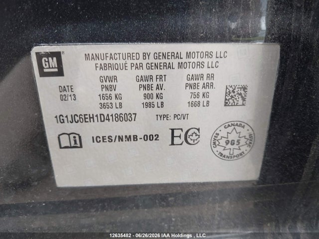 Aukcja sprzedaży 2013 Chevrolet Sonic Lt, vin: 1G1JC6EH1D4186037, numer aukcji: 12635482