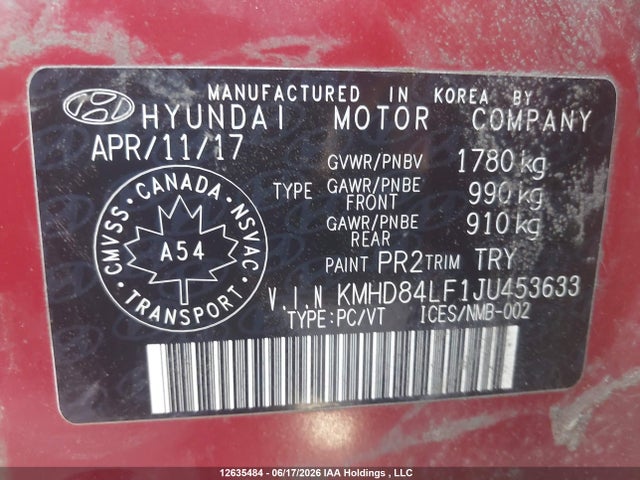12635484 :رقم المزاد ، KMHD84LF1JU453633 vin ، 2018 Hyundai Elantra Gl مزاد بيع