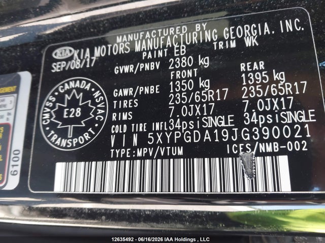 Aukcja sprzedaży 2018 Kia Sorento Lx/l, vin: 5XYPGDA19JG390021, numer aukcji: 12635492