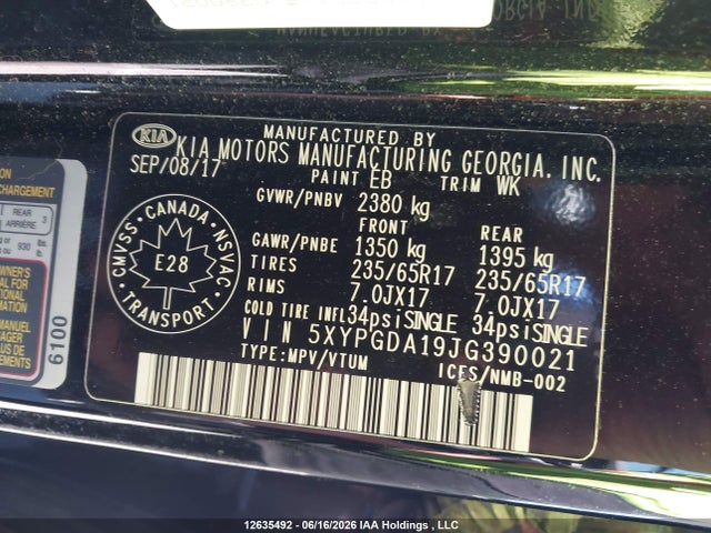 Aukcja sprzedaży 2018 Kia Sorento Lx/l, vin: 5XYPGDA19JG390021, numer aukcji: 12635492