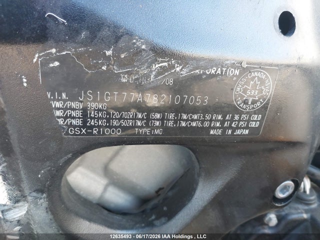 Aukcja sprzedaży 2008 Suzuki Gsx-r1000, vin: JS1GT77A782107053, numer aukcji: 12635493