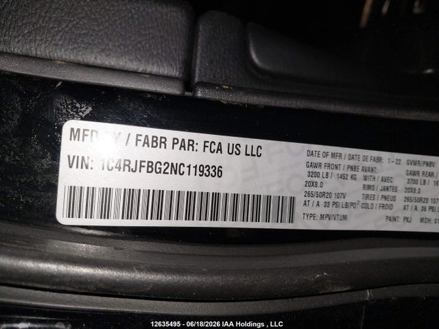 12635495 :رقم المزاد ، 1C4RJFBG2NC119336 vin ، 2022 Jeep Grand Cherokee Wk Limited X مزاد بيع
