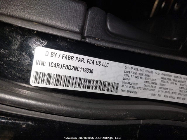 12635495 :رقم المزاد ، 1C4RJFBG2NC119336 vin ، 2022 Jeep Grand Cherokee Wk Limited X مزاد بيع