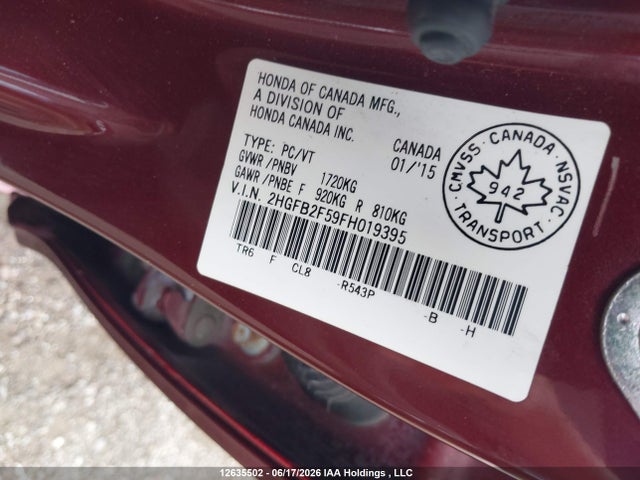Honda Civic Lx 2015 2HGFB2F59FH019395 Image 9