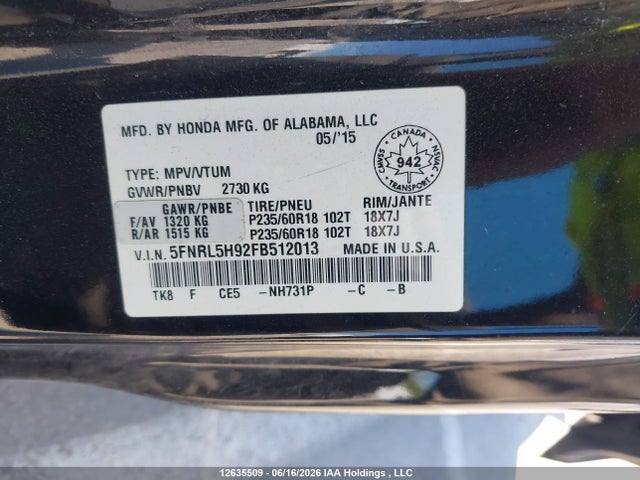 2015 Honda Odyssey Touring/touring Elite მანქანა იყიდება აუქციონზე, vin: 5FNRL5H92FB512013, აუქციონის ნომერი: 12635509
