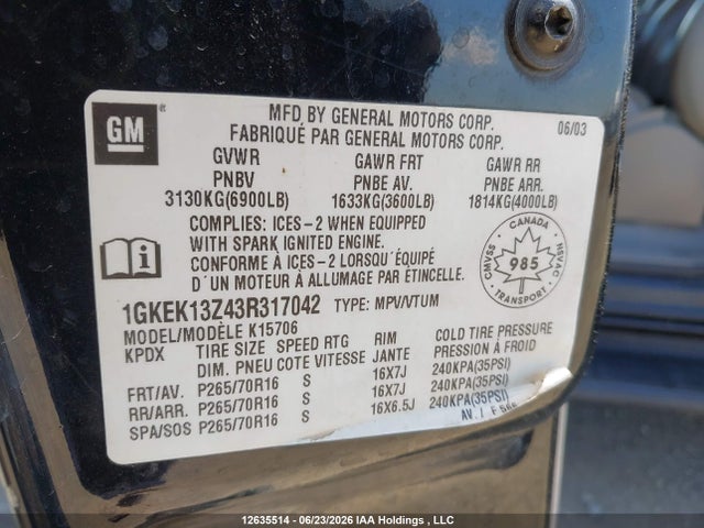 Aukcja sprzedaży 2003 Gmc Yukon Sle/slt, vin: 1GKEK13Z43R317042, numer aukcji: 12635514