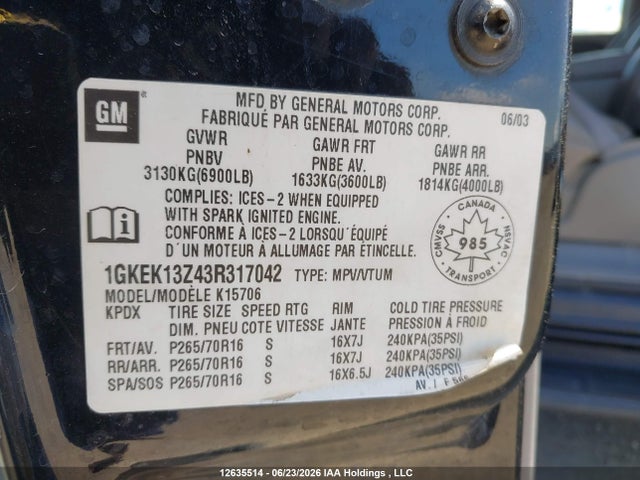 Aukcja sprzedaży 2003 Gmc Yukon Sle/slt, vin: 1GKEK13Z43R317042, numer aukcji: 12635514