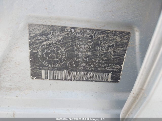 12635515 :رقم المزاد ، 5NPET46C97H232888 vin ، 2007 Hyundai Sonata Gl/gls مزاد بيع
