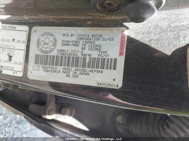 Продаж на аукціоні авто 2003 Toyota Camry Le/se/xle, vin: JTDBE32K930199838, номер лоту: 12635531