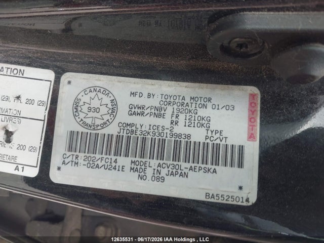 Продаж на аукціоні авто 2003 Toyota Camry Le/se/xle, vin: JTDBE32K930199838, номер лоту: 12635531