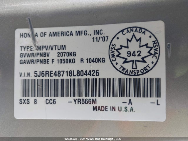 12635537 :رقم المزاد ، 5J6RE48718L804426 vin ، 2008 Honda Cr-v Ex-l مزاد بيع
