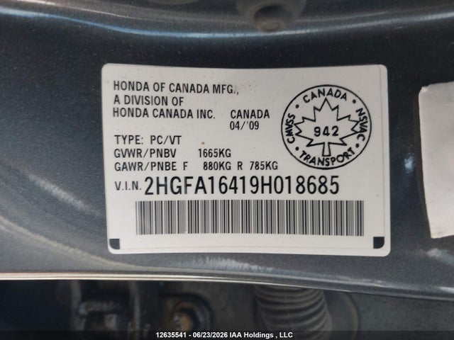 Продажа на аукционе авто 2009 Honda Civic, vin: 2HGFA16419H018685, номер лота: 12635541