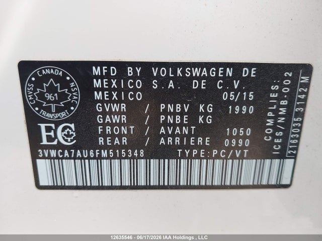 3VWCA7AU6FM515348 Volkswagen Golf Sportwagen Tdi S/tdi Se/tdi Sel