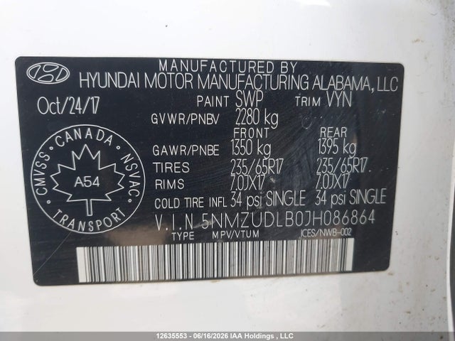 2018 Hyundai Santa Fe Sport მანქანა იყიდება აუქციონზე, vin: 5NMZUDLB0JH086864, აუქციონის ნომერი: 12635553
