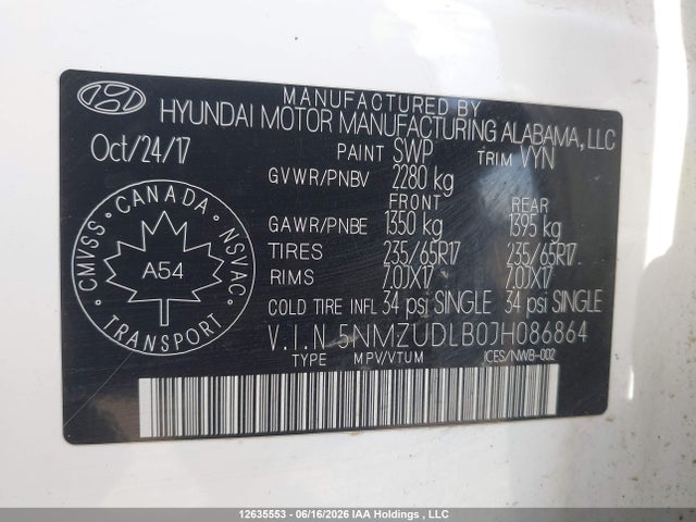 2018 Hyundai Santa Fe Sport მანქანა იყიდება აუქციონზე, vin: 5NMZUDLB0JH086864, აუქციონის ნომერი: 12635553