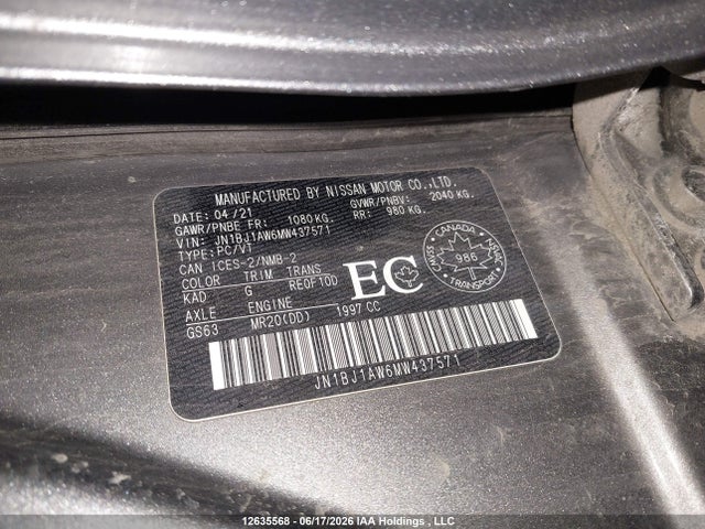 Aukcja sprzedaży 2021 Nissan Qashqai S, vin: JN1BJ1AW6MW437571, numer aukcji: 12635568
