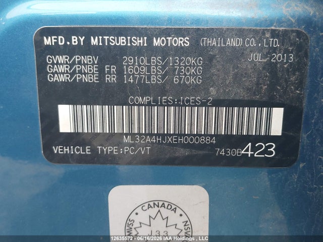 12635572 :رقم المزاد ، ML32A4HJXEH000884 vin ، 2014 Mitsubishi Mirage Se مزاد بيع