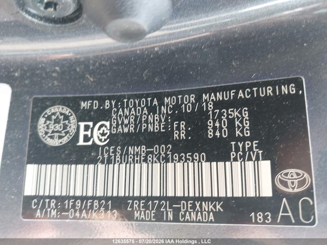 Продаж на аукціоні авто 2019 Toyota Corolla Le, vin: 2T1BURHE8KC193590, номер лоту: 12635575