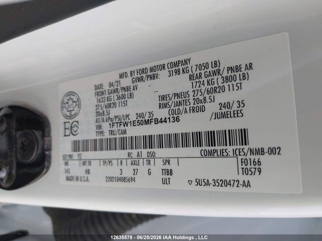 Aukcja sprzedaży 2021 Ford F-150, vin: 1FTFW1E50MFB44136, numer aukcji: 12635578