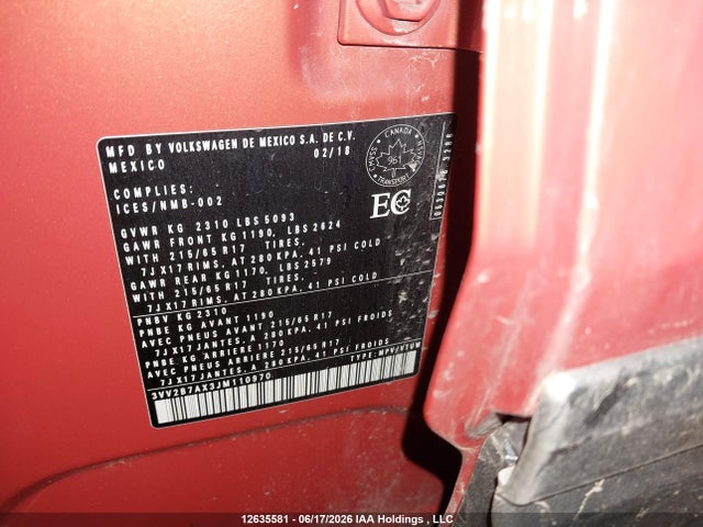 3VV2B7AX3JM110970 Volkswagen Tiguan Comfortline