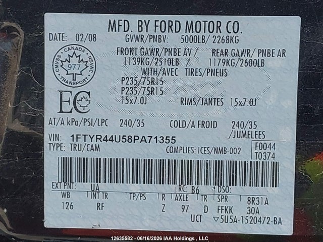 Продажа на аукционе авто 2008 Ford Ranger Super Cab, vin: 1FTYR44U58PA71355, номер лота: 12635582