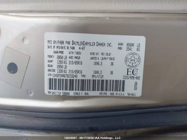 Aukcja sprzedaży 2007 Dodge Grand Caravan, vin: 1D4GP24R67B233249, numer aukcji: 12635587