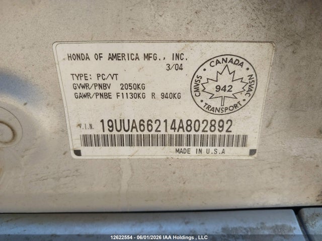 Aukcja sprzedaży 2004 Acura Tl, vin: 19UUA66214A802892, numer aukcji: 12622554
