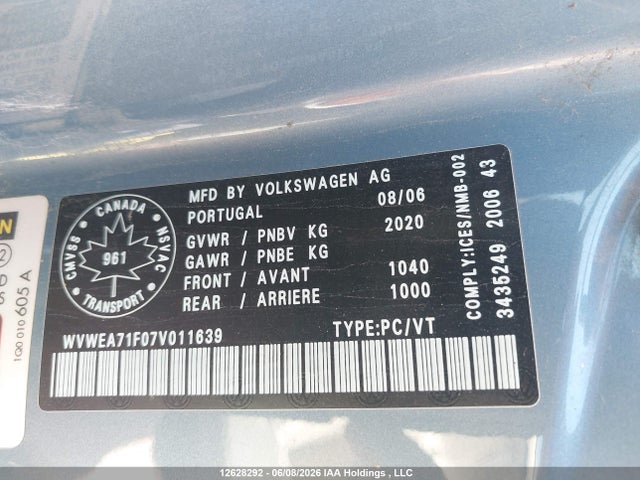 2007 Volkswagen Eos 2.0t მანქანა იყიდება აუქციონზე, vin: WVWEA71F07V011639, აუქციონის ნომერი: 12628292