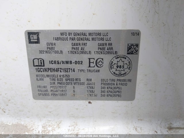 12635592 :رقم المزاد ، 1GCVKPEH4FZ192714 vin ، 2015 Chevrolet Silverado 1500 Ls/work Truck مزاد بيع