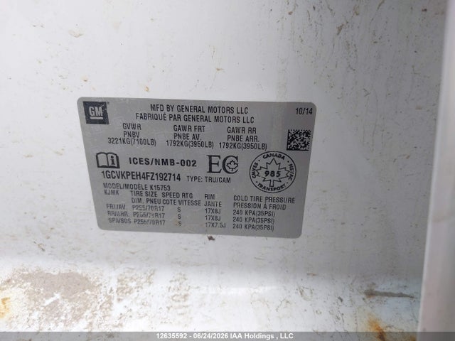 12635592 :رقم المزاد ، 1GCVKPEH4FZ192714 vin ، 2015 Chevrolet Silverado 1500 Ls/work Truck مزاد بيع