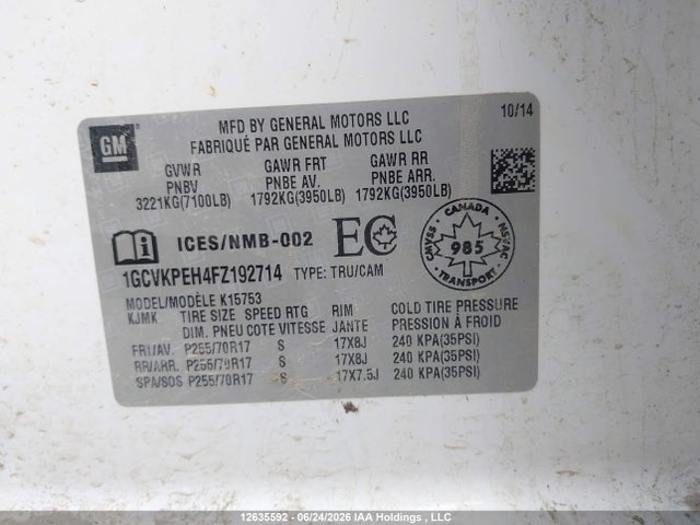 12635592 :رقم المزاد ، 1GCVKPEH4FZ192714 vin ، 2015 Chevrolet Silverado 1500 Ls/work Truck مزاد بيع