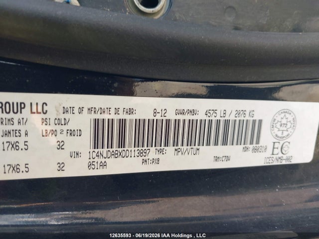 2013 Jeep Compass მანქანა იყიდება აუქციონზე, vin: 1C4NJDABXDD113897, აუქციონის ნომერი: 12635593