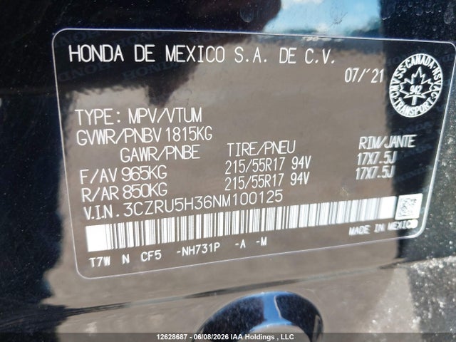 2022 Honda Hr-v Lx მანქანა იყიდება აუქციონზე, vin: 3CZRU5H36NM100125, აუქციონის ნომერი: 12628687