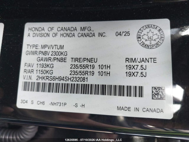 2025 Honda Cr-v Touring Hybrid მანქანა იყიდება აუქციონზე, vin: 2HKRS6H94SH232081, აუქციონის ნომერი: 12635595