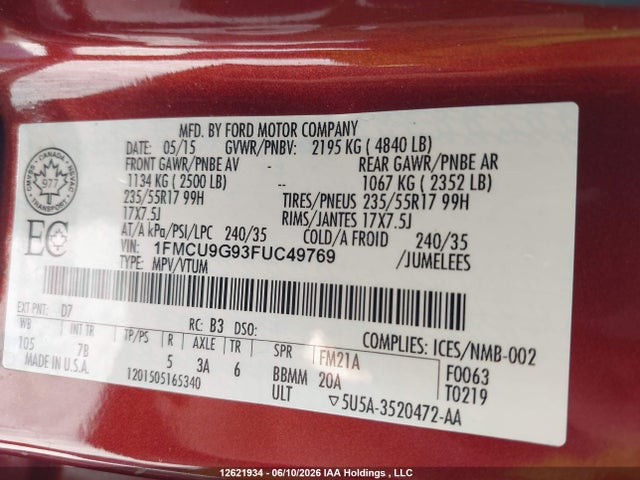 Продажа на аукционе авто 2015 Ford Escape Se, vin: 1FMCU9G93FUC49769, номер лота: 12621934