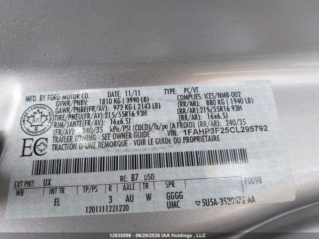 12635596 :رقم المزاد ، 1FAHP3F25CL295792 vin ، 2012 Ford Focus Se مزاد بيع