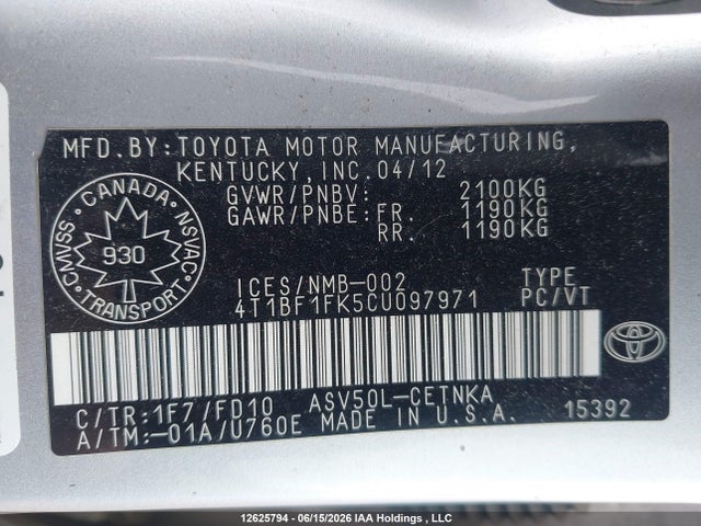 12625794 :رقم المزاد ، 4T1BF1FK5CU097971 vin ، 2012 Toyota Camry Le مزاد بيع