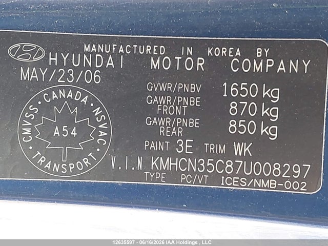 2007 Hyundai Accent მანქანა იყიდება აუქციონზე, vin: KMHCN35C87U008297, აუქციონის ნომერი: 12635597
